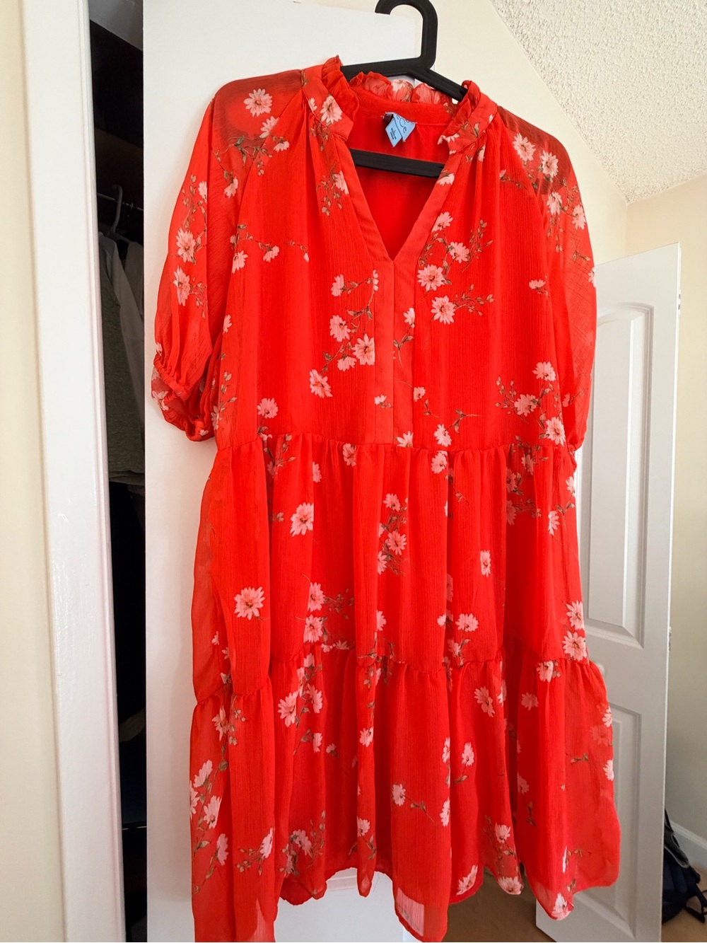 CeCe Red Floral Tiered V-Neck Midi Dress